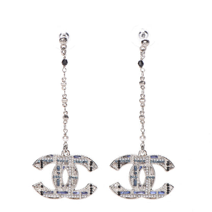 Chanel Pearl Crystal CC Tweed Drop Earrings Silver Blue Black 1 of 4