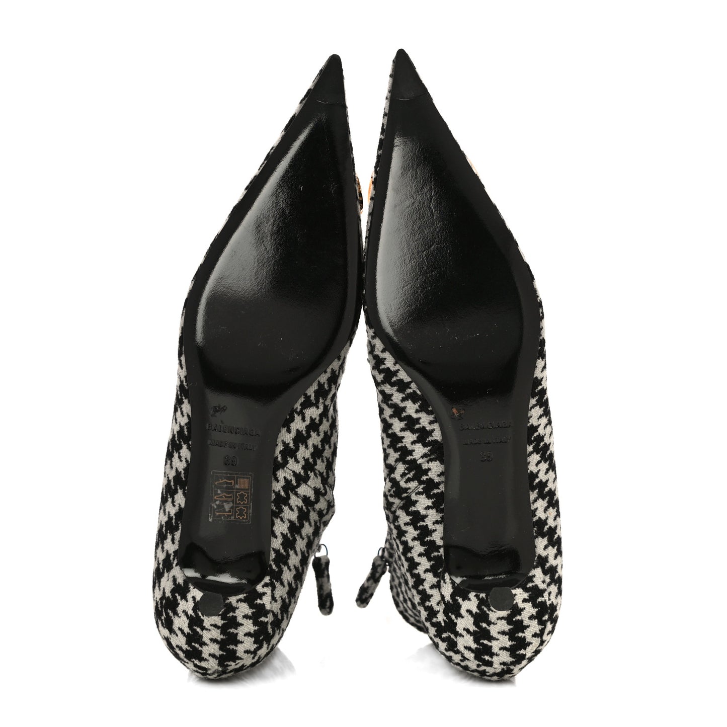 Wool Houndstooth BB Pointy Toe Ankle Booties 39 Black Ivory