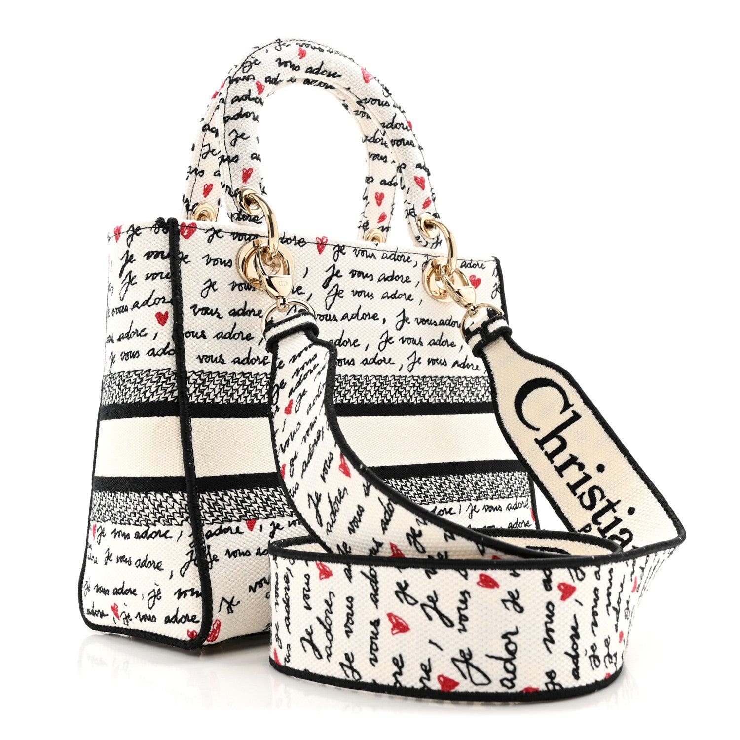 Christian Dior Canvas Embroidered Dioramour Je Vous Adore Medium Lady D-Lite  White Black Red 3 of 13