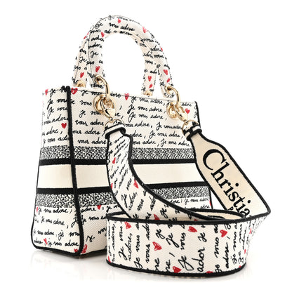 Christian Dior Canvas Embroidered Dioramour Je Vous Adore Medium Lady D-Lite  White Black Red 3 of 13