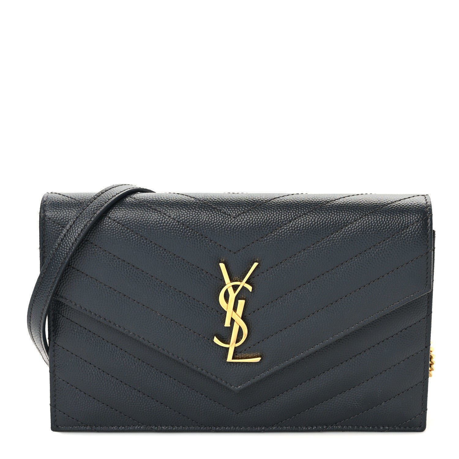 Saint Laurent Grain De Poudre Matelasse Chevron Monogram Envelope Chain Wallet Dark Smog 1 of 8