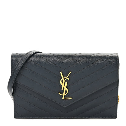 Saint Laurent Grain De Poudre Matelasse Chevron Monogram Envelope Chain Wallet Dark Smog 1 of 8