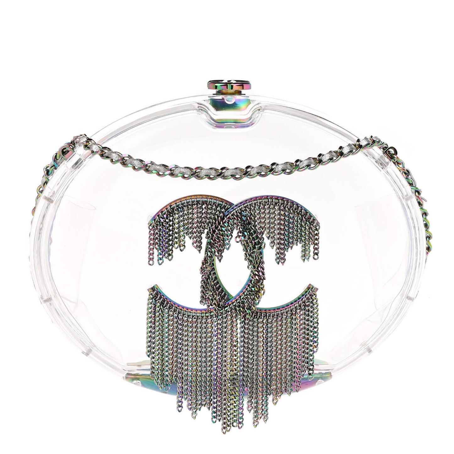 Plexiglass Iridescent Chain Fringe CC Clutch Clear