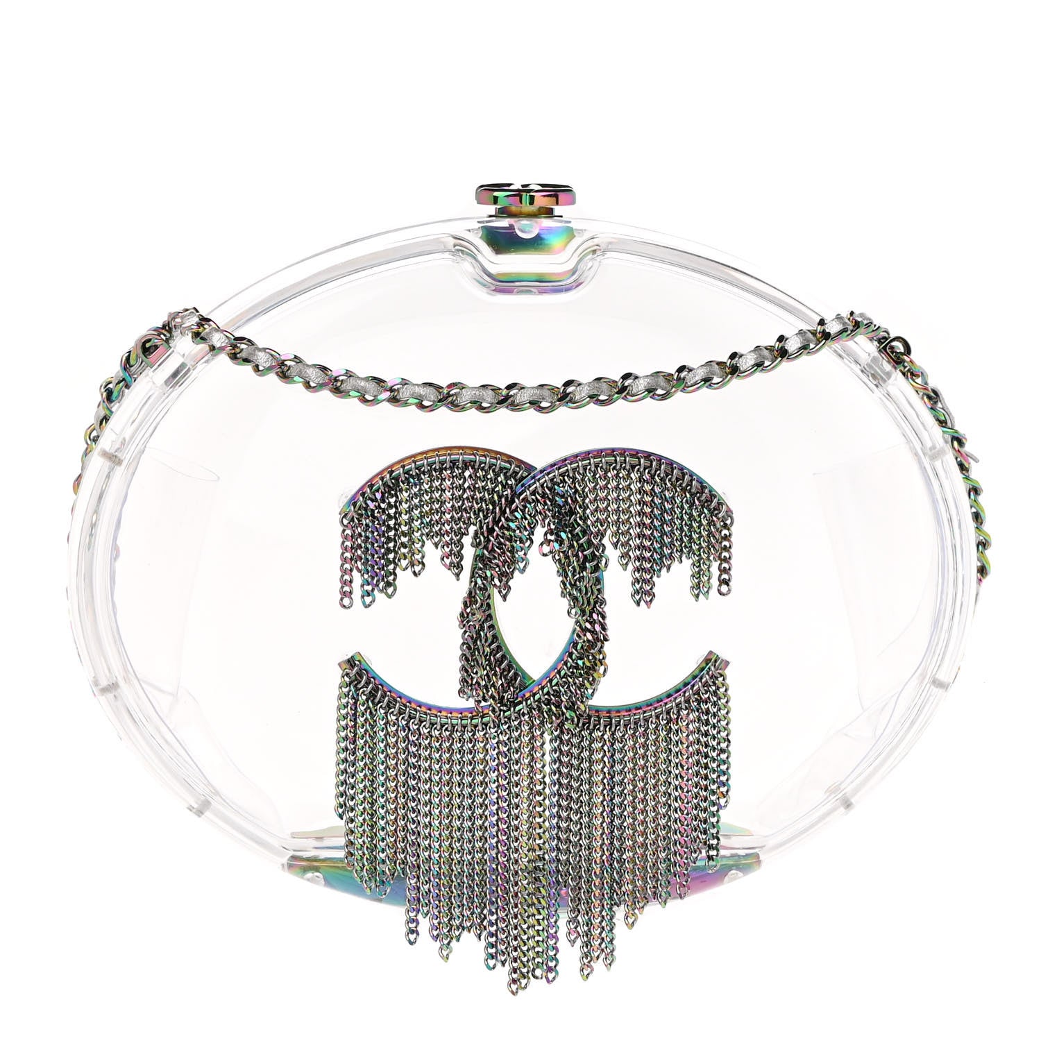 Chanel Plexiglass Iridescent Chain Fringe CC Clutch Clear 1 of 9