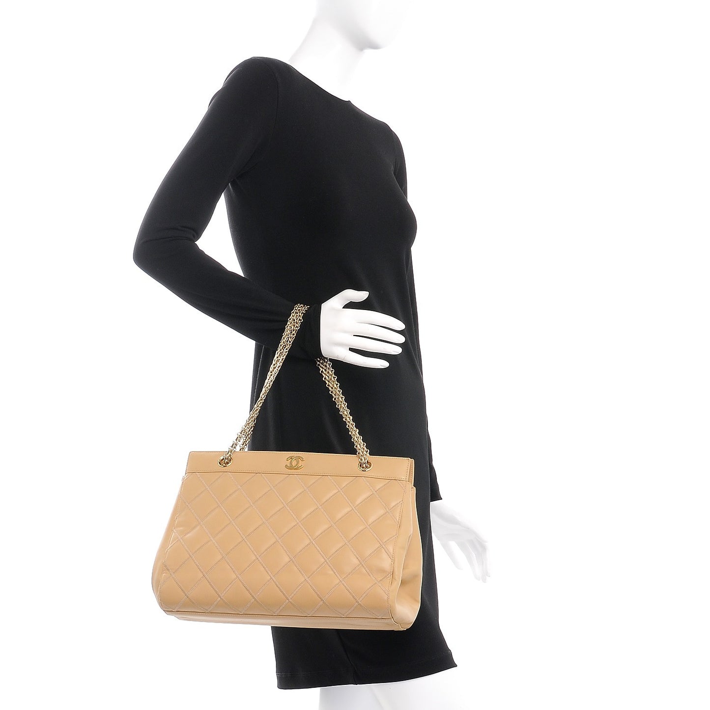 Lambskin Double Stitch Quilted Tote Beige