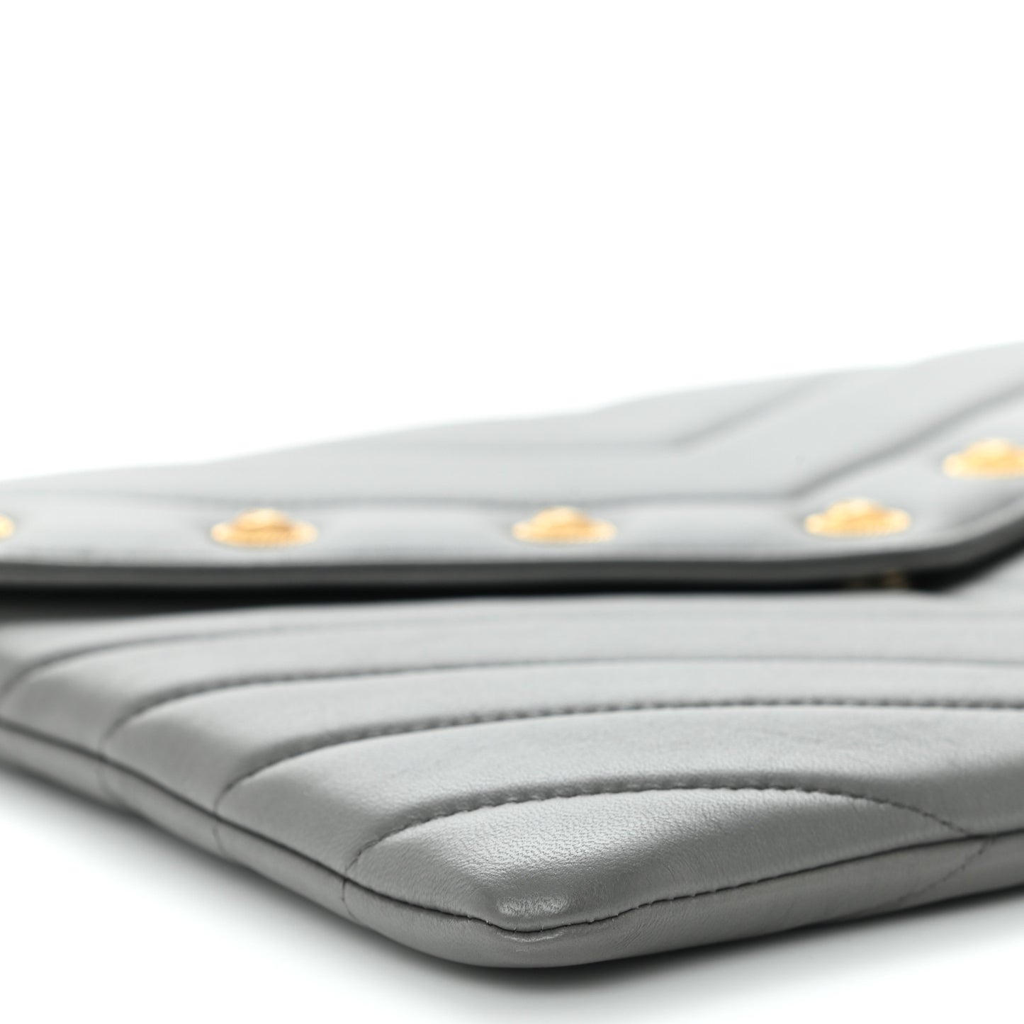 Calfskin Chevron Quilted CC Button Envelope Pouch Grey
