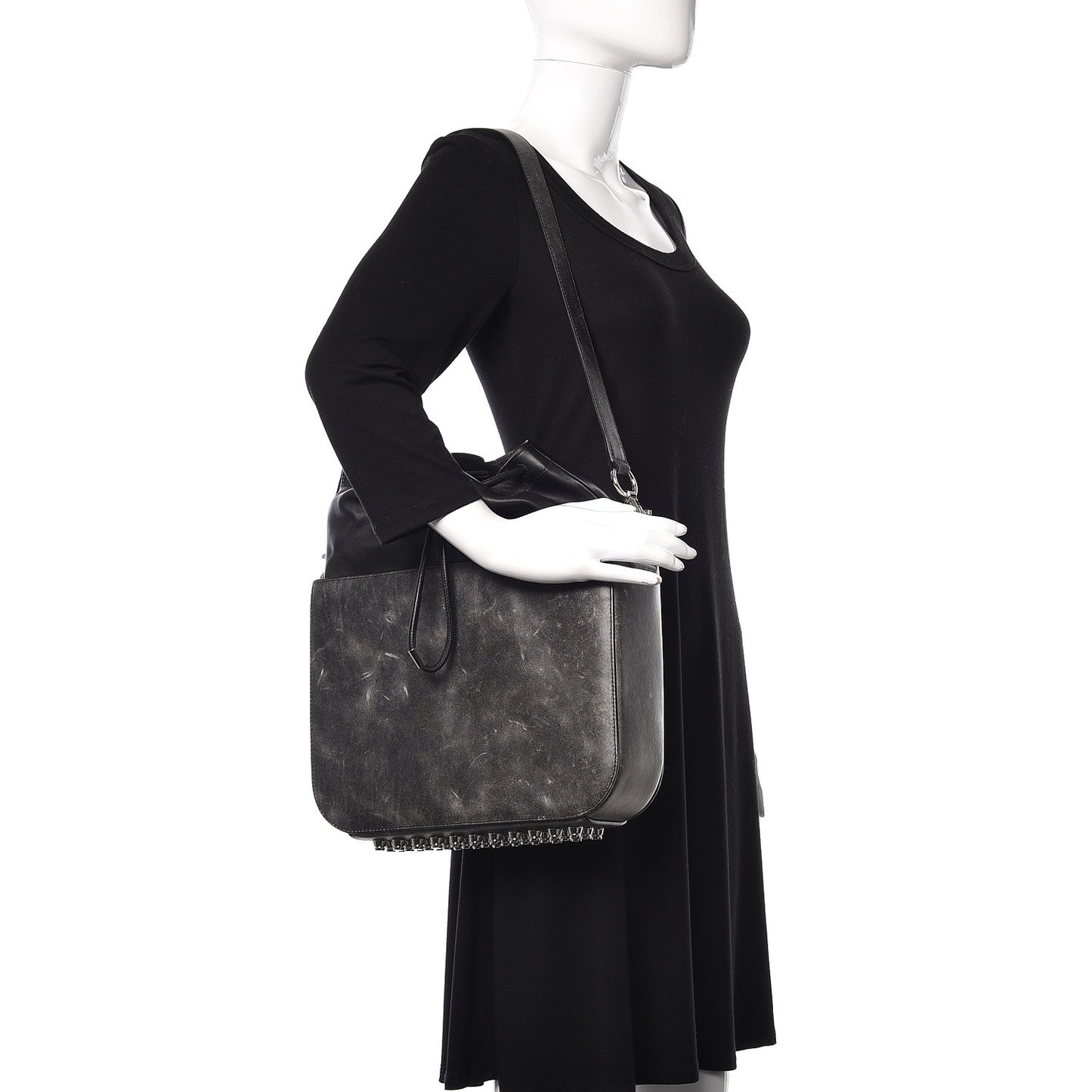 Distressed Calfskin Flat Drawstring Bucket Black