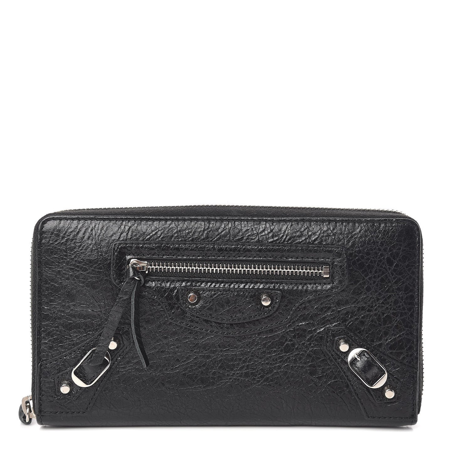 Agneau Classic Silver Hardware Continental Zip Around Wallet Black