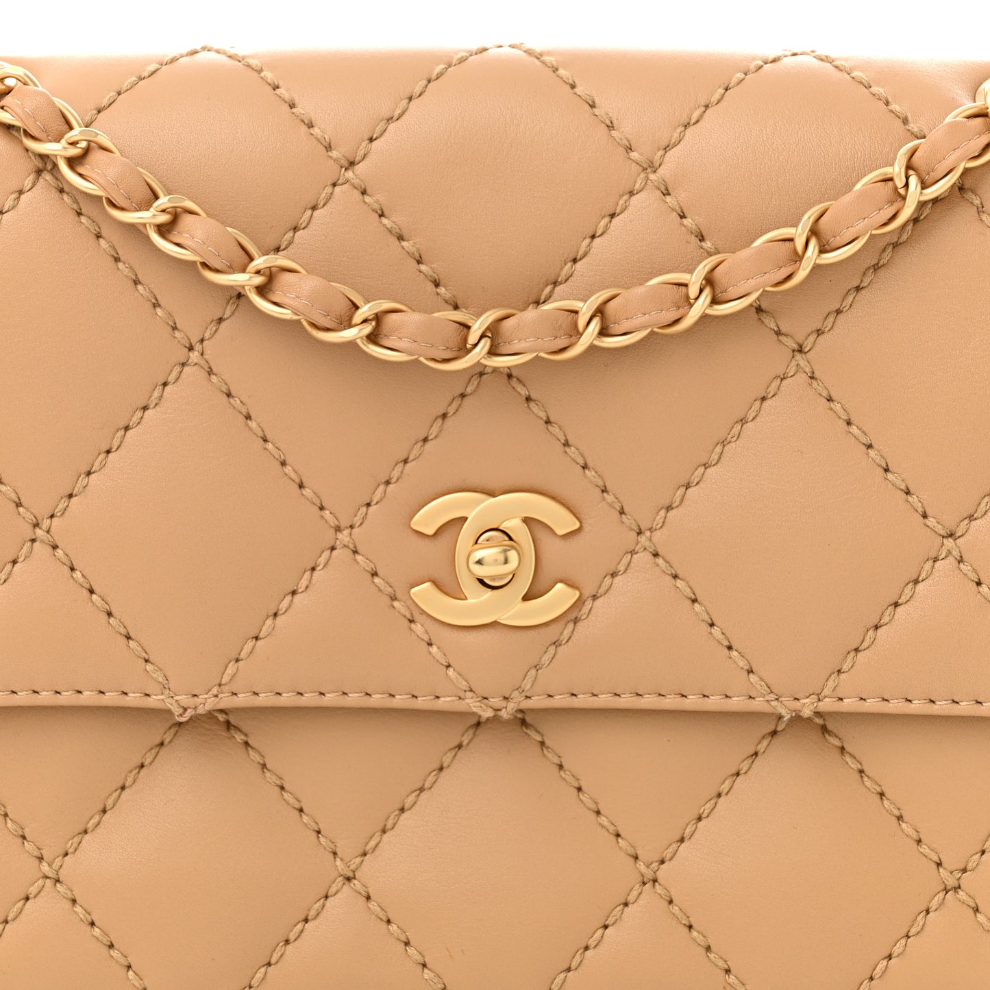 Calfskin Quilted Medium Wild Stitch Flap Beige