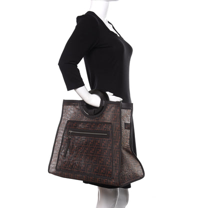 Fendi Mesh Vitello Century Cuoio FF 1974 Large Runaway Shopper Tote Marrone Black Ebano 2 of 10