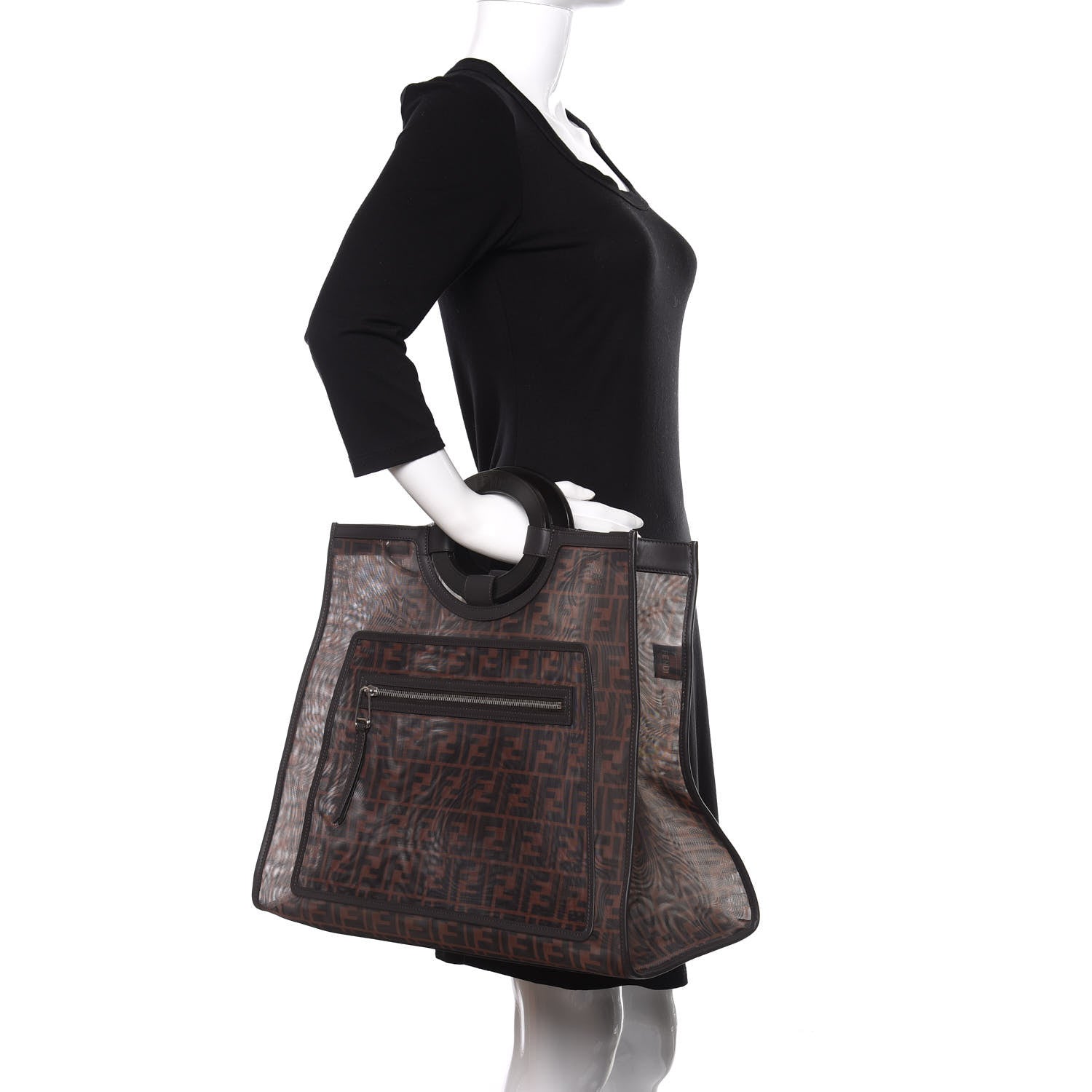 Fendi Mesh Vitello Century Cuoio FF 1974 Large Runaway Shopper Tote Marrone Black Ebano 2 of 9