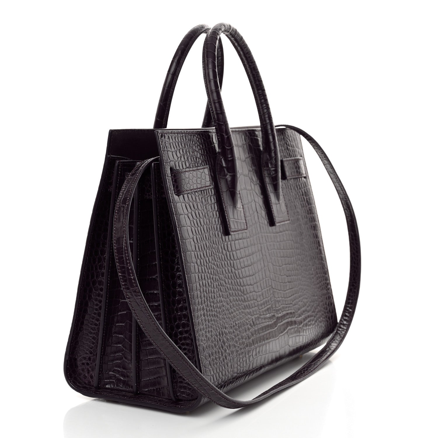 Saint Laurent Calfskin Crocodile Embossed Small Sac de Jour Prune 3 of 12