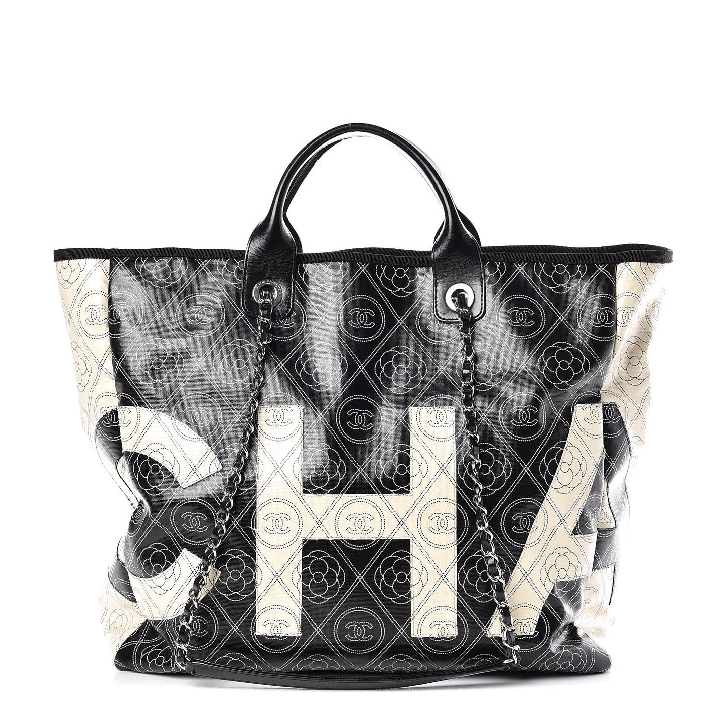 Coated Canvas Camellia Medium Shopping Tote Black Beige