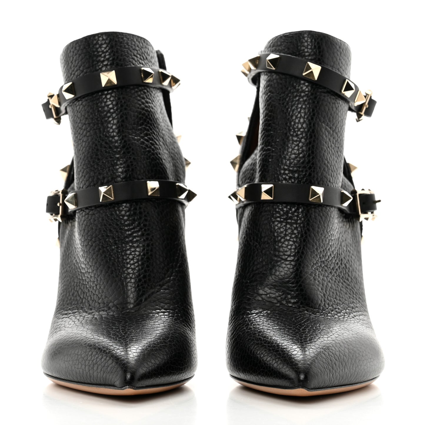 Grained Calfskin Rockstud Double Buckle 100mm Ankle Boots 38.5 Black