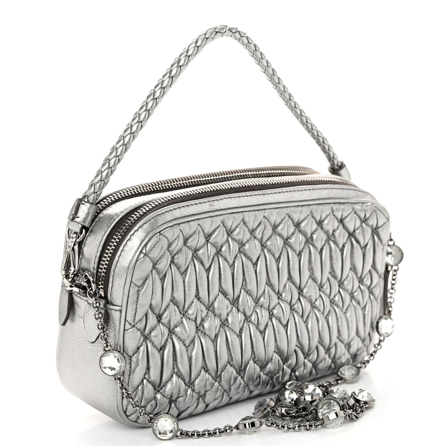 Metallic Nappa Matelasse Crystal Double Zip Pochette Cromo