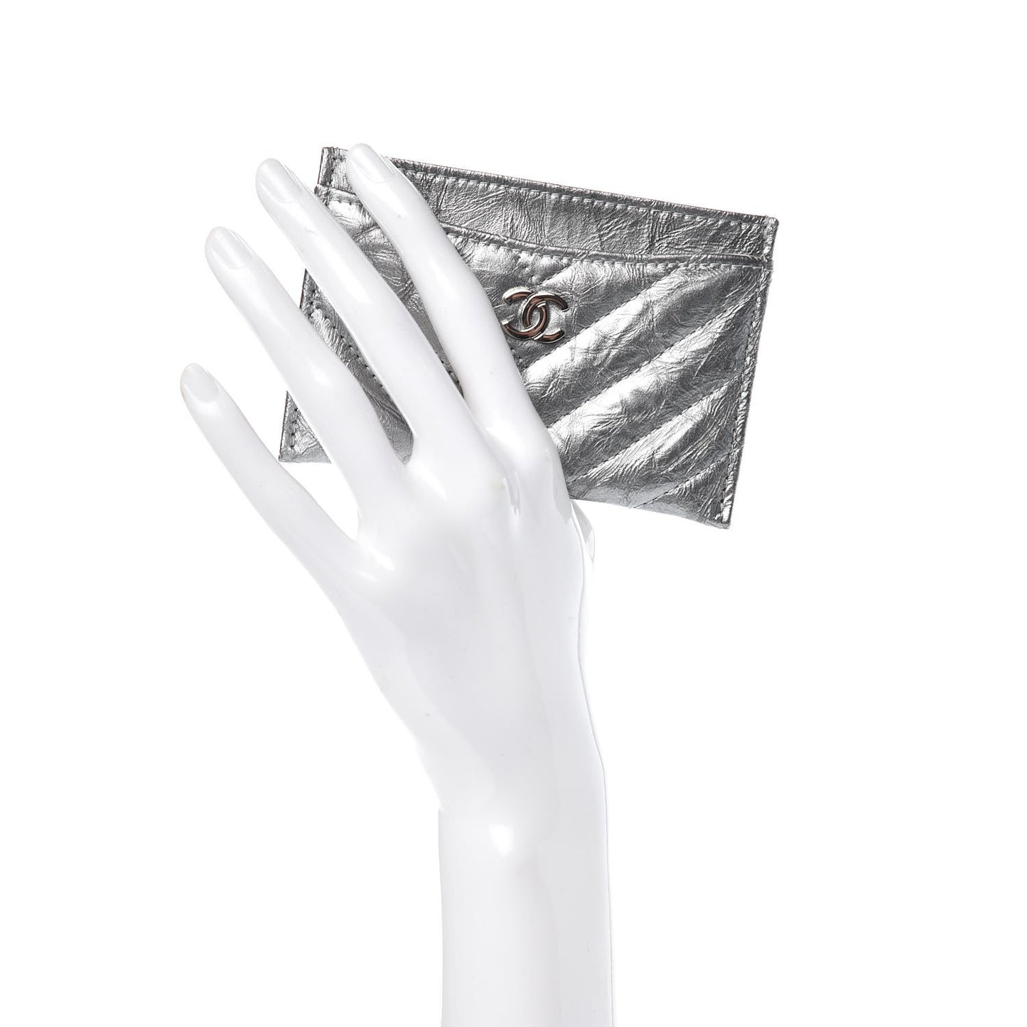 Patent Metallic Crumpled Calfskin Chevron Quilted Card Holder Silver