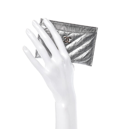 Chanel Patent Metallic Crumpled Calfskin Chevron Quilted Card Holder Silver 2 of 9
