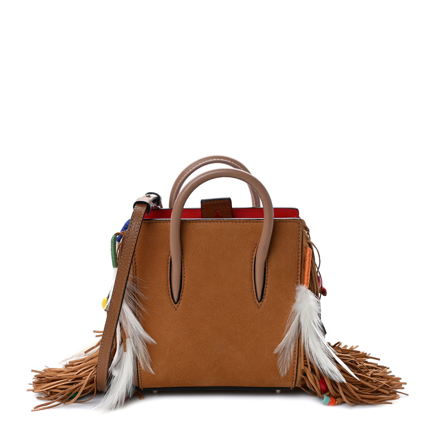 Calfskin Nubuck Feather Fringe Beaded Loubibird Nano Paloma Brown