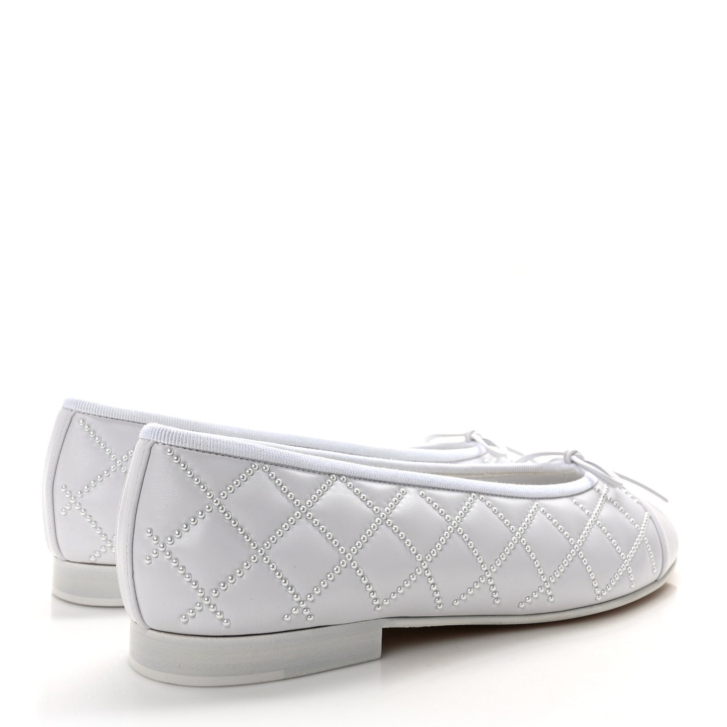 Lambskin Pearl Embroidered Quilted Cap Toe Ballerina Flats 38.5 White
