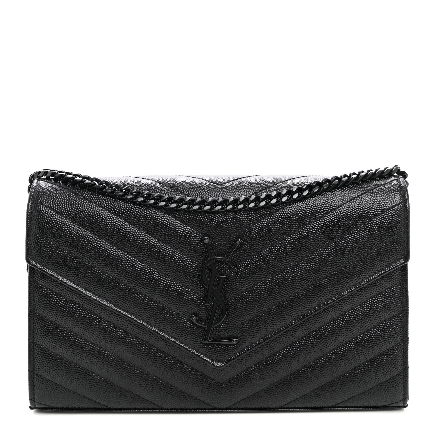 Saint Laurent Grain De Poudre Matelasse Chevron Monogram Monochrome Chain Wallet Black 1 of 10