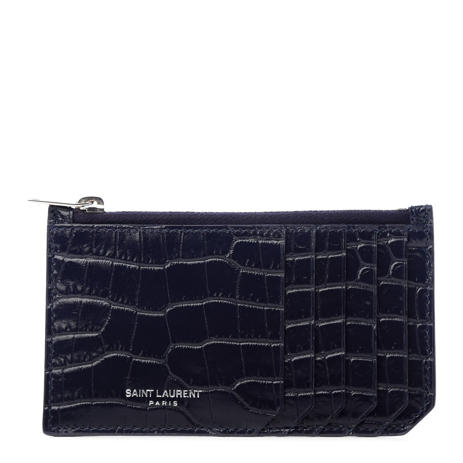 Saint Laurent Calfskin Crocodile Embossed 5 Fragments Zip Pouch Card Holder Blue Marine 1 of 8