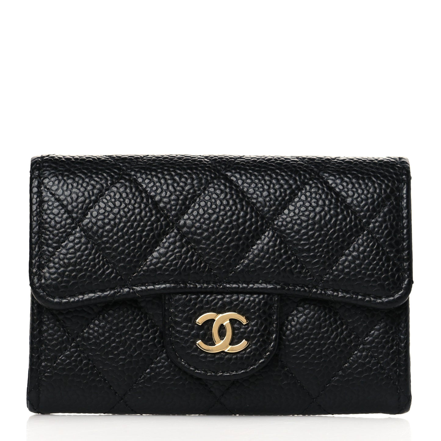 Caviar Quilted Flap Card Holder Wallet Black