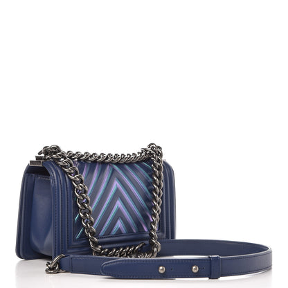 Chanel Calfskin Painted Chevron Embossed Small Boy Flap Dark Blue 3 of 8