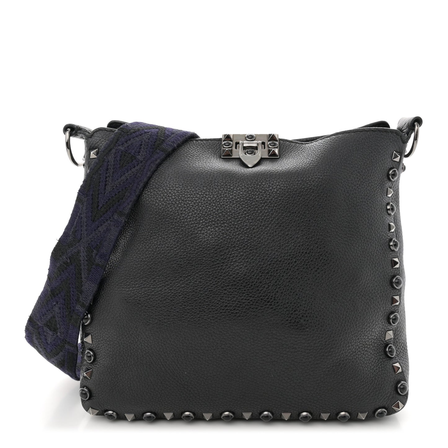 Pebbled Calfskin Onyx Small Rockstud Rolling Flip-Lock Messenger Bag Black