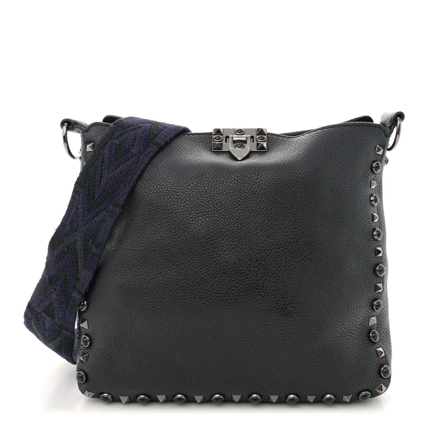 Valentino Garavani Pebbled Calfskin Onyx Small Rockstud Rolling Flip-Lock Messenger Bag Black 1 of 12