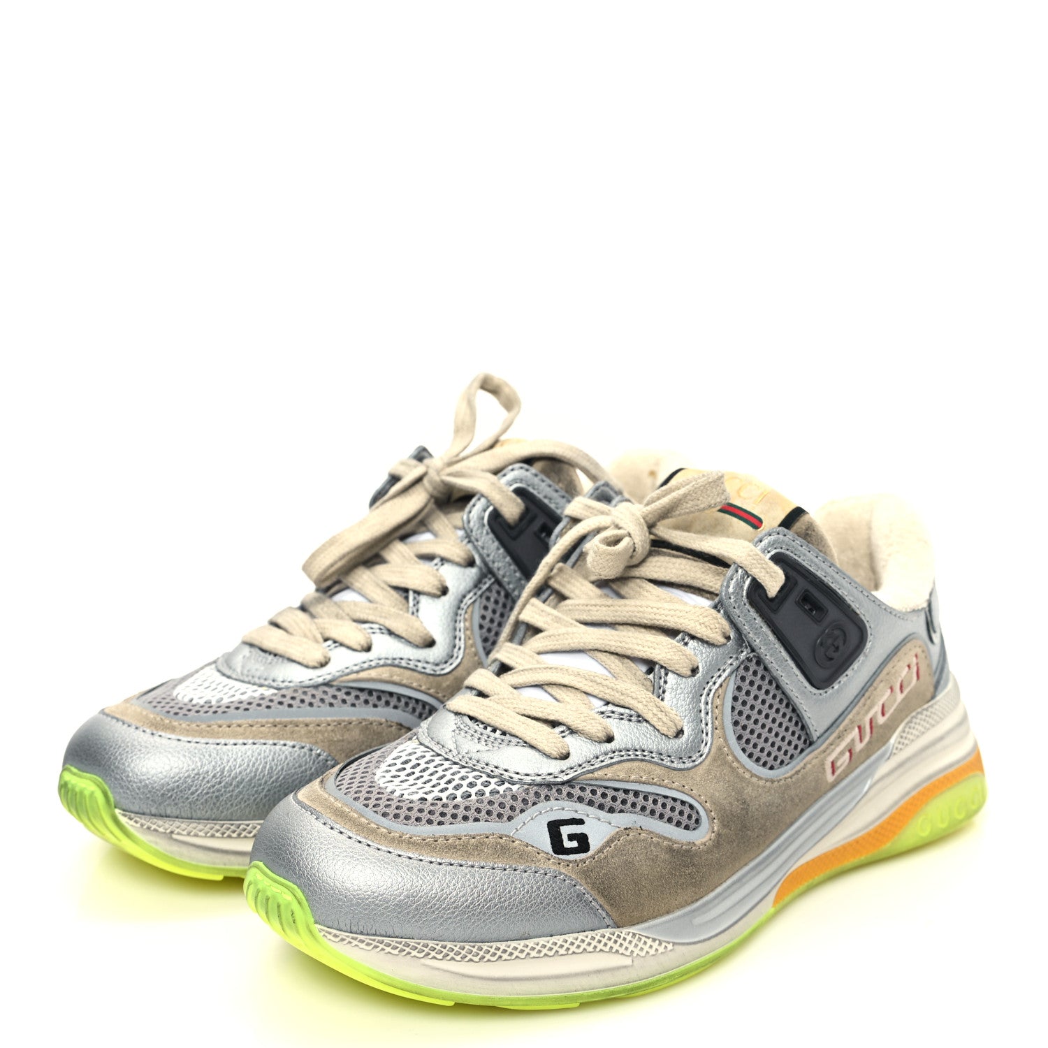 Gucci Metallic Calfskin Suede Womens Ultrapace Sneakers 35.5 Silver Oatmeal 4 of 10