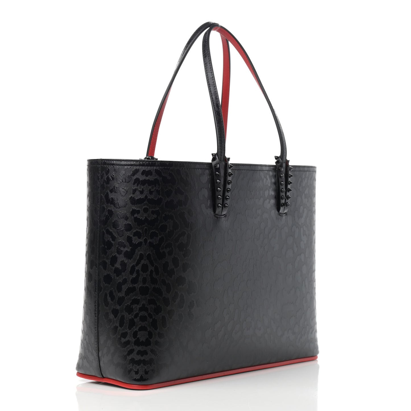 Patent Calfskin Leopard Print Spikes East West Cabata Tote Black