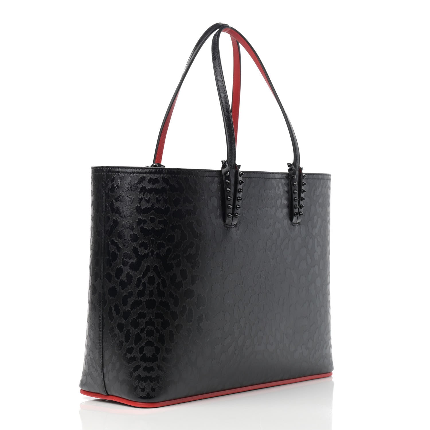 Christian Louboutin Patent Calfskin Leopard Print Spikes East West Cabata Tote Black 4 of 11