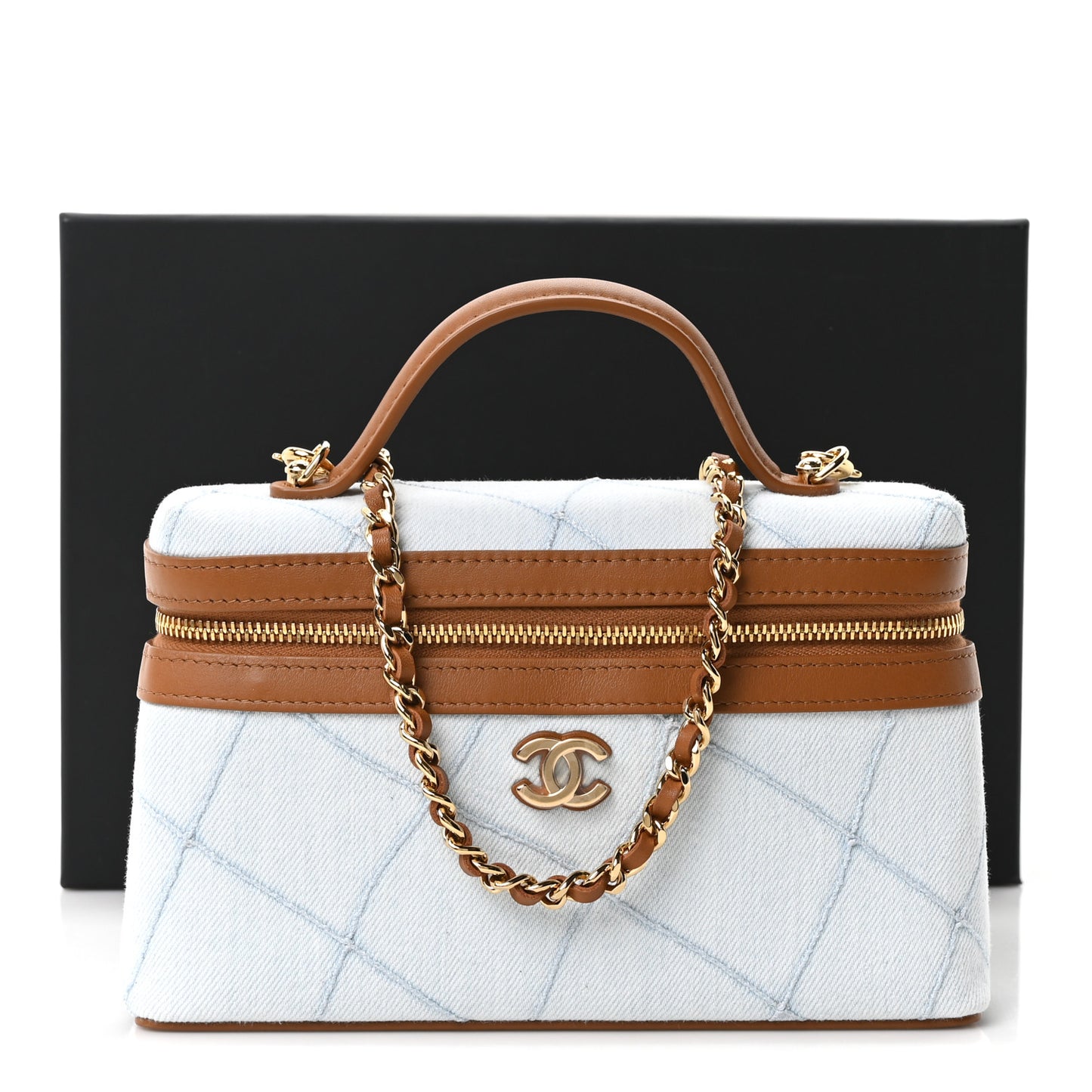 Washed Denim Calfskin Quilted Top Handle Slim Vanity Case With Chain Blue Brown