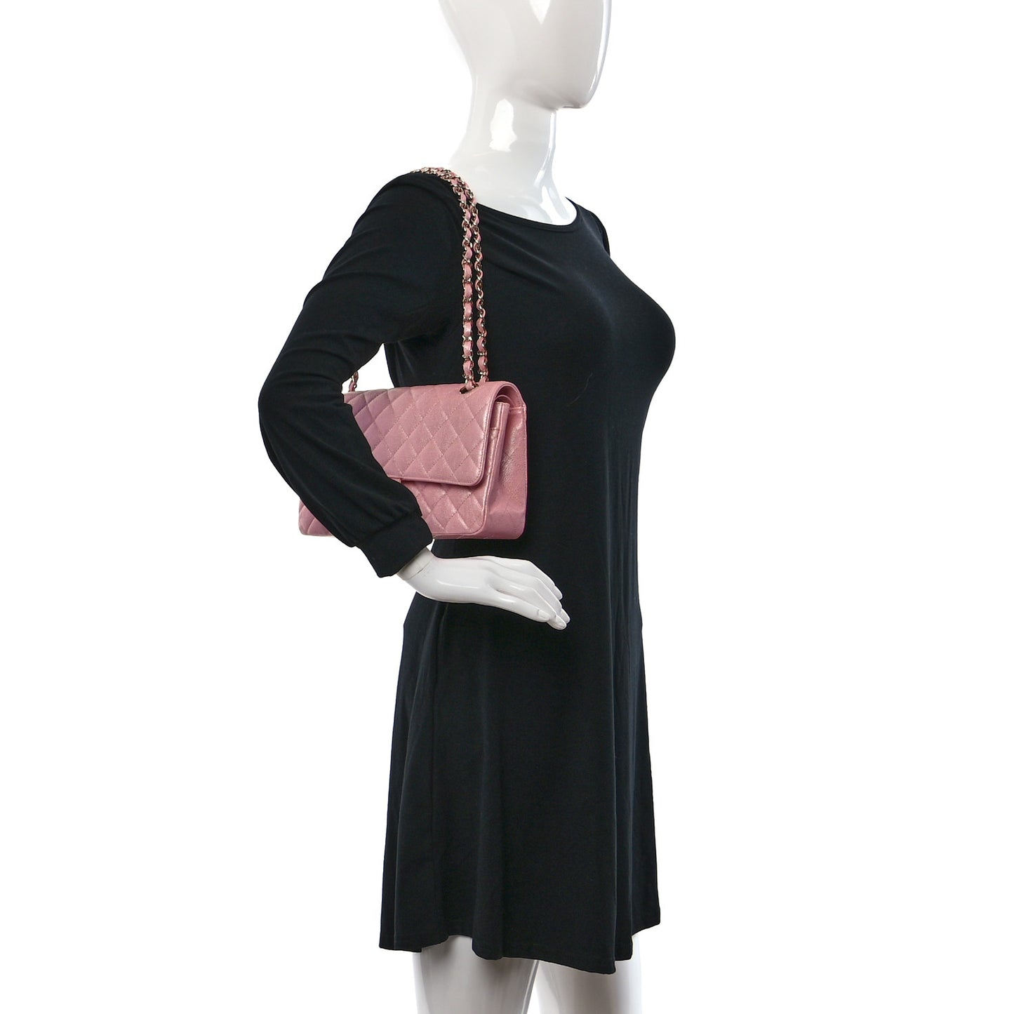 Iridescent Caviar Quilted Medium Double Flap Rose Pink