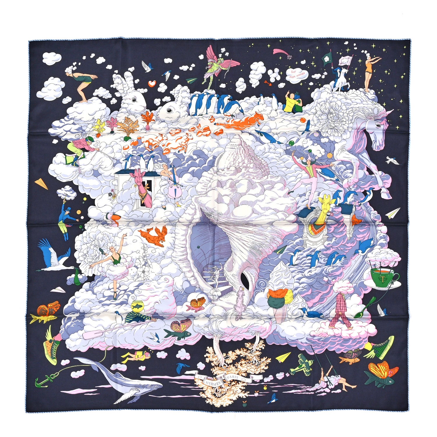 Hermes Silk Sur Mon Nuage Scarf 90 Bleu Black Mauve Multicolor 1 of 5