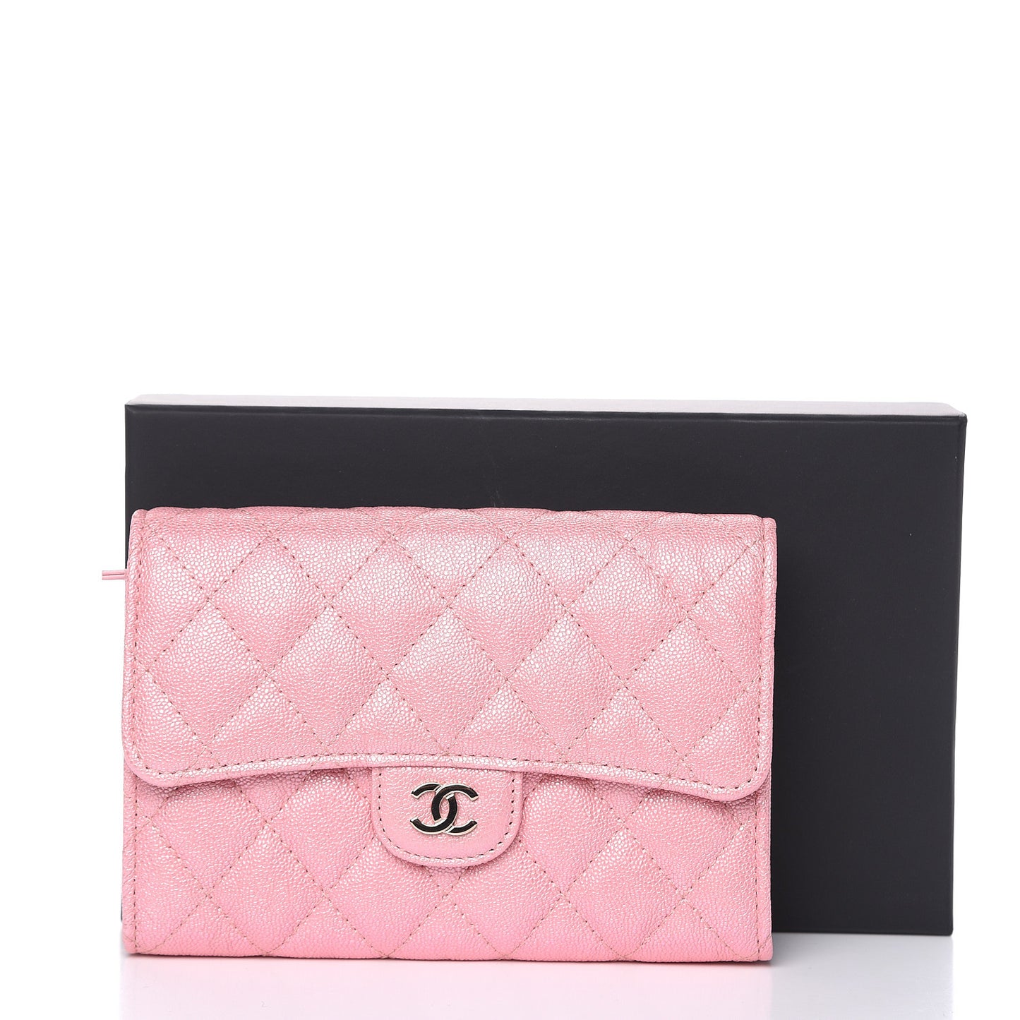 Iridescent Caviar Quilted Medium Flap Wallet Rose Pink