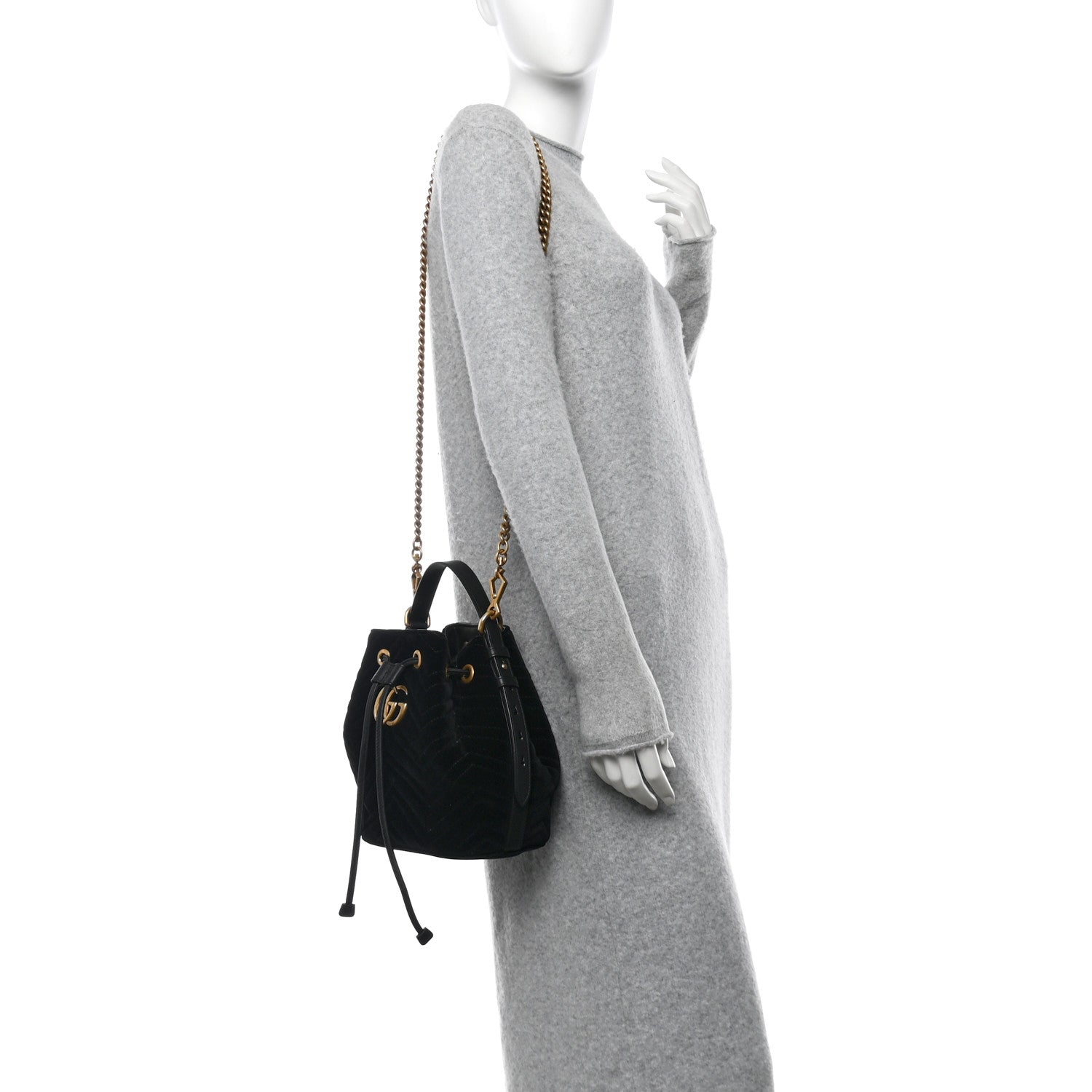 Gucci Velvet Matelasse GG Marmont Bucket Bag Black Black 2 of 9