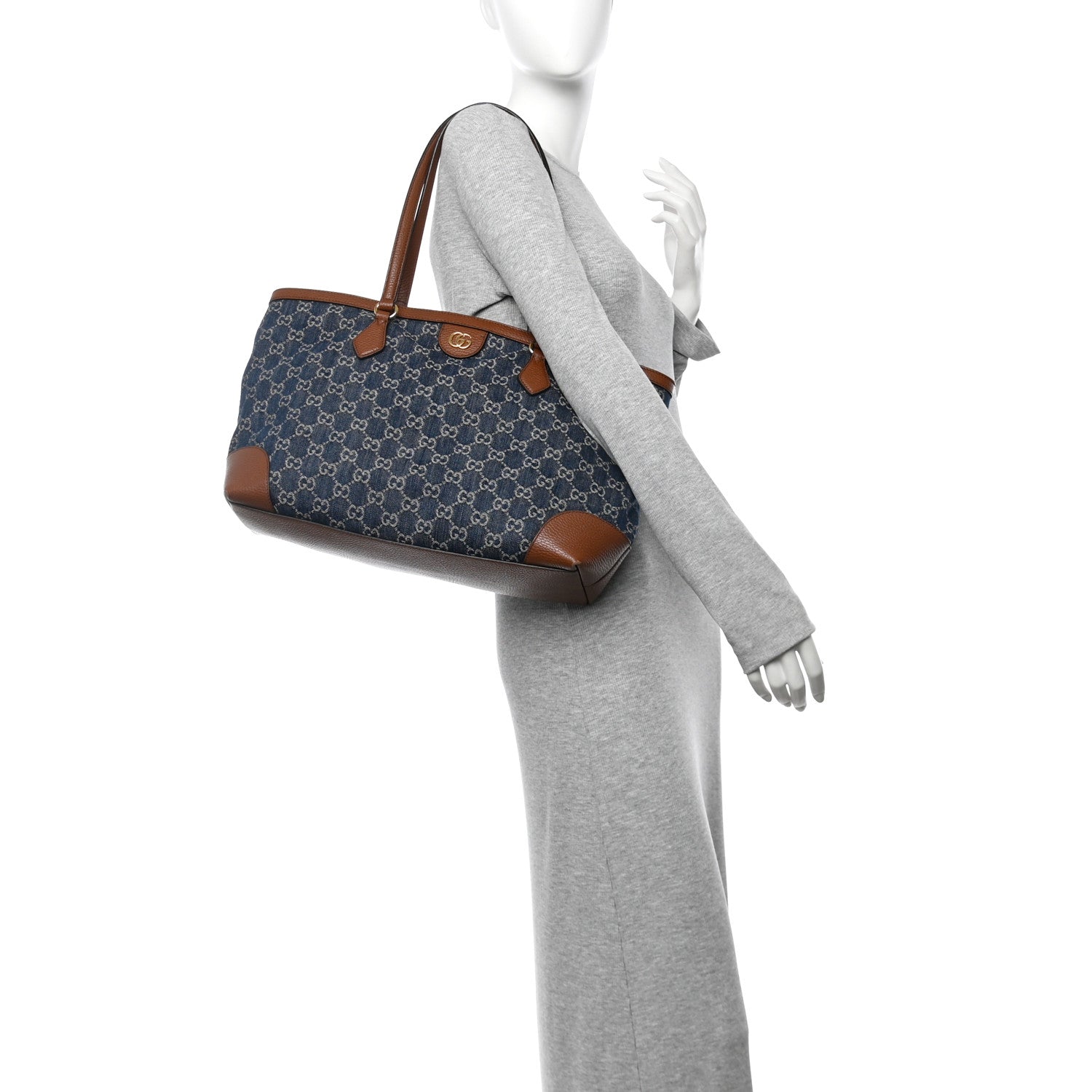 Gucci New Denim GG Monogram Medium Ophidia Shopping Tote Blue Tea Cuir 3 of 27