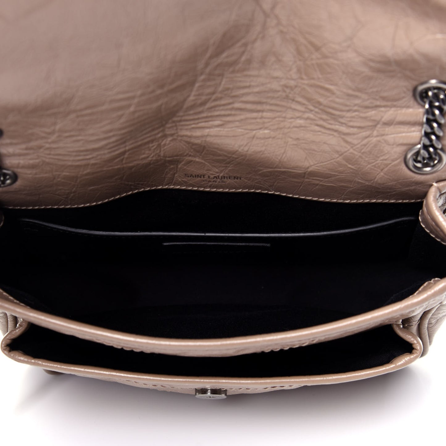 Crinkled Calfskin Matelasse Monogram Baby Niki Chain Satchel Light Taupe