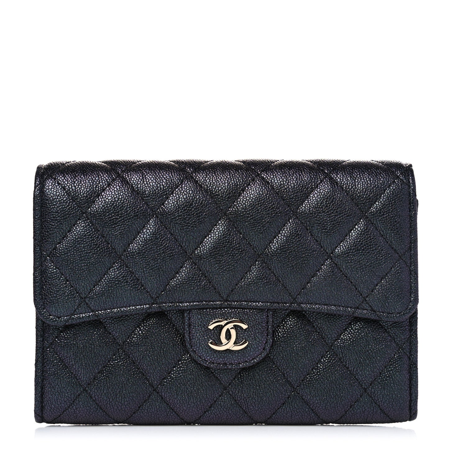 Iridescent Caviar Quilted Medium Flap Wallet Black