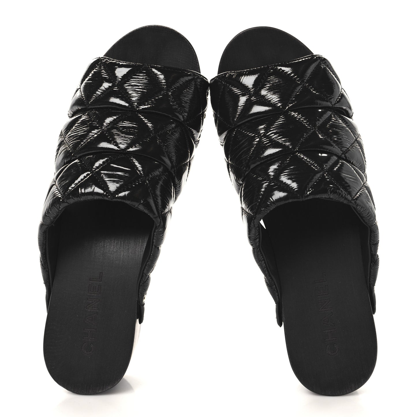 Patent Lambskin Quilted CC Clogs 38 Black