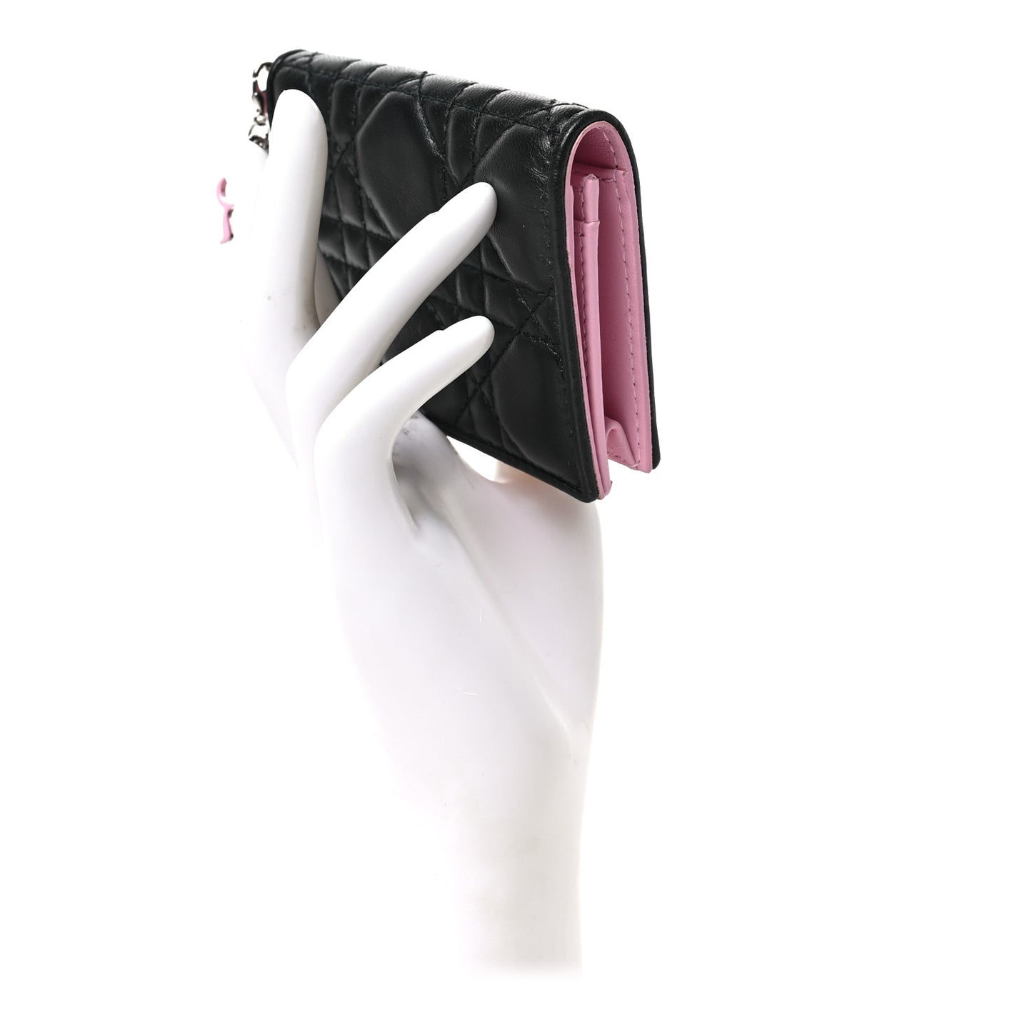 Lambskin Cannage Bi-Color Small Lady Dior Flap Card Holder Black Pink