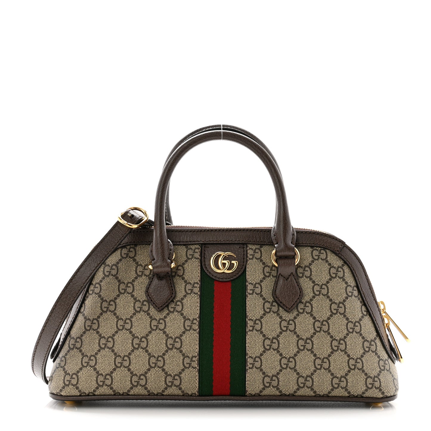 GG Supreme Monogram Textured Dollar Calfskin Web Medium Ophidia Top Handle Bowler Bag Beige Ebony New Acero
