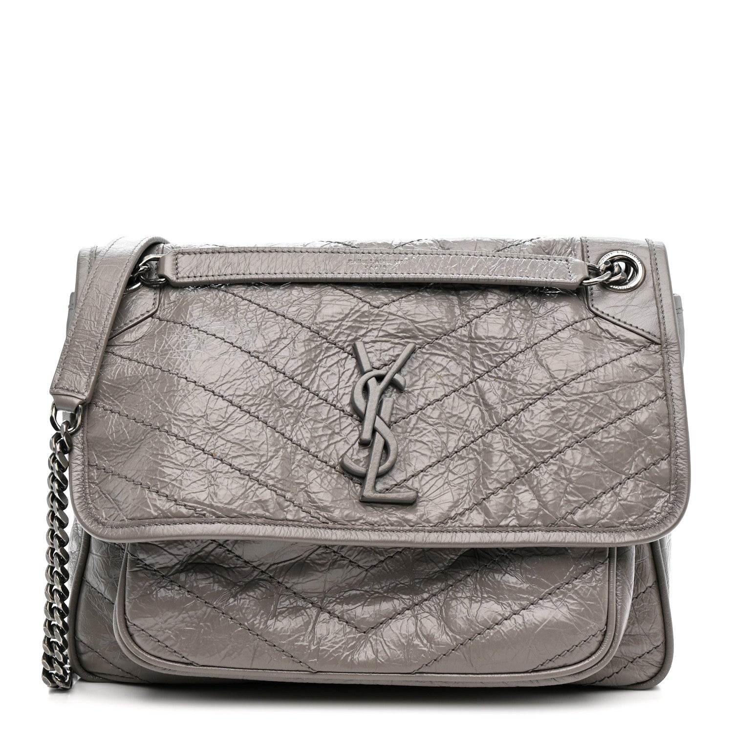 Saint Laurent Crinkled Calfskin Matelasse Monogram Medium Niki Chain Satchel Storm 1 of 15