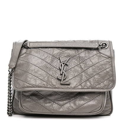 Saint Laurent Crinkled Calfskin Matelasse Monogram Medium Niki Chain Satchel Storm 1 of 15