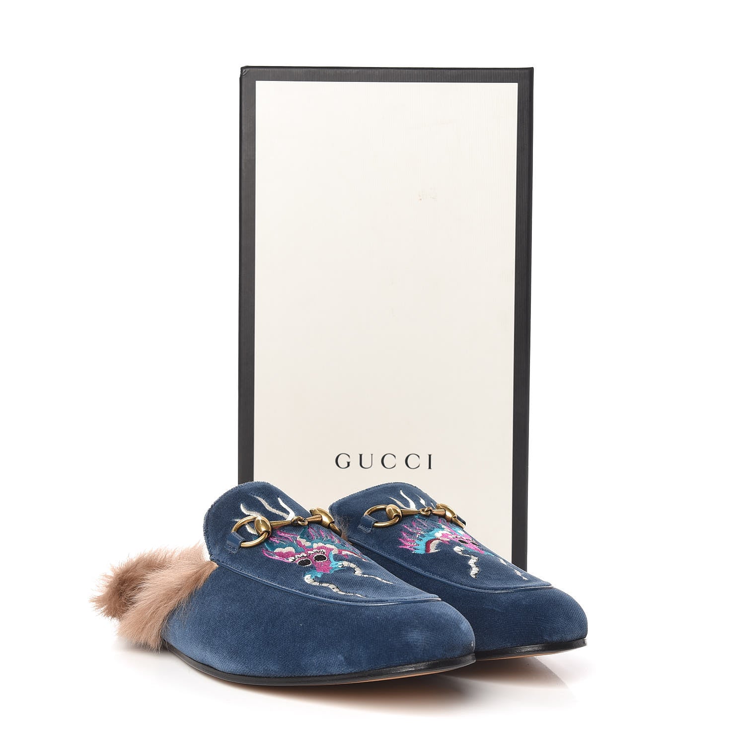Gucci Velvet Fur Dragon Embroidered Mens Princetown Slippers 7 Zaffre Dark Zaffre 8 of 8