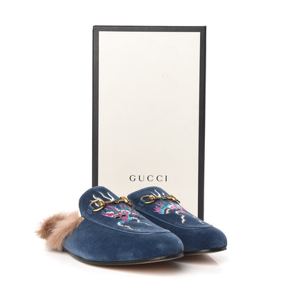Gucci Velvet Fur Dragon Embroidered Mens Princetown Slippers 7 Zaffre Dark Zaffre 8 of 8
