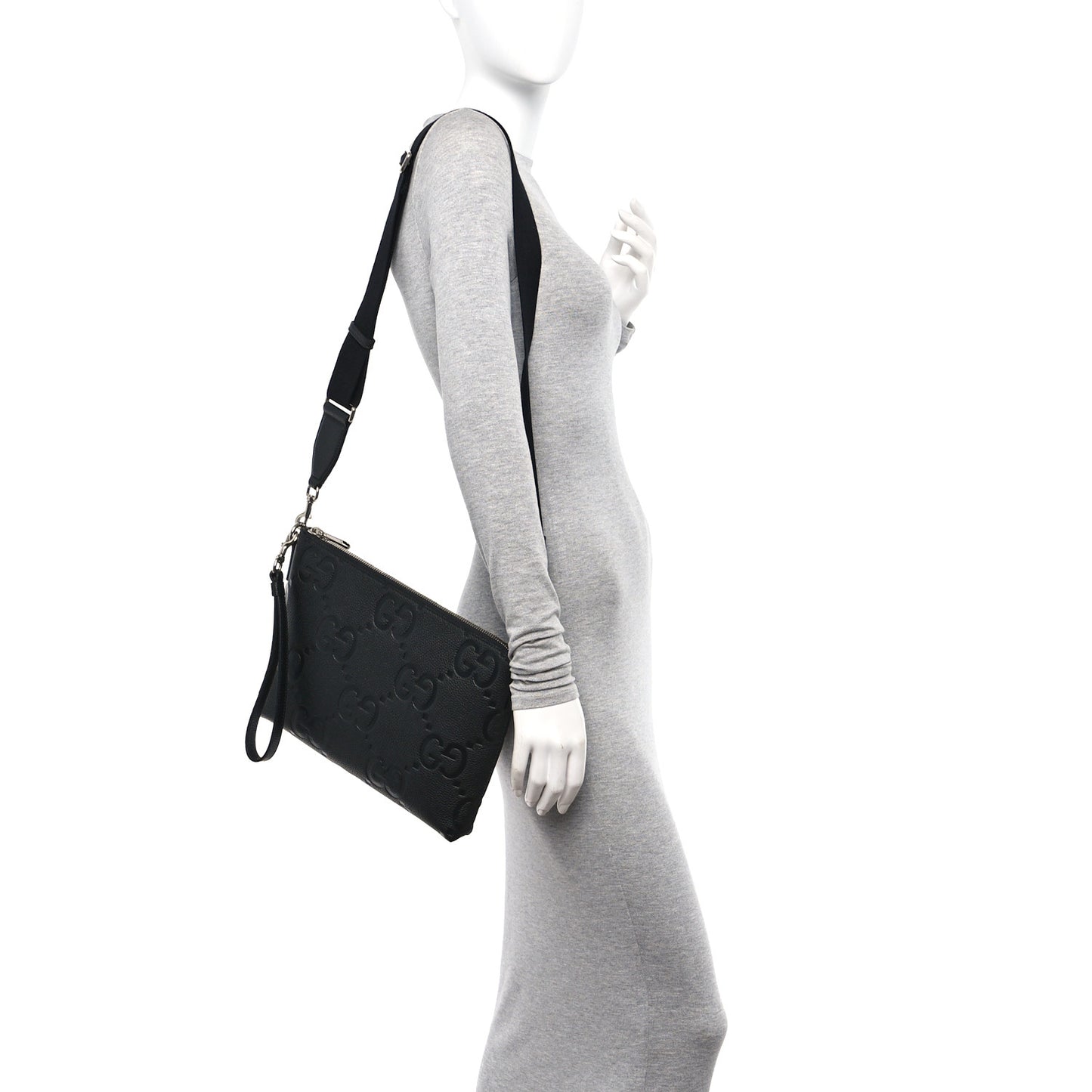Piuma Calfskin Jumbo GG Embossed Medium Wristlet Messenger Bag Black