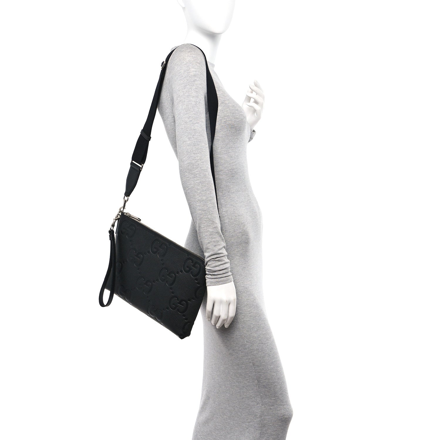 Gucci Piuma Calfskin Jumbo GG Embossed Medium Wristlet Messenger Bag Black 2 of 10