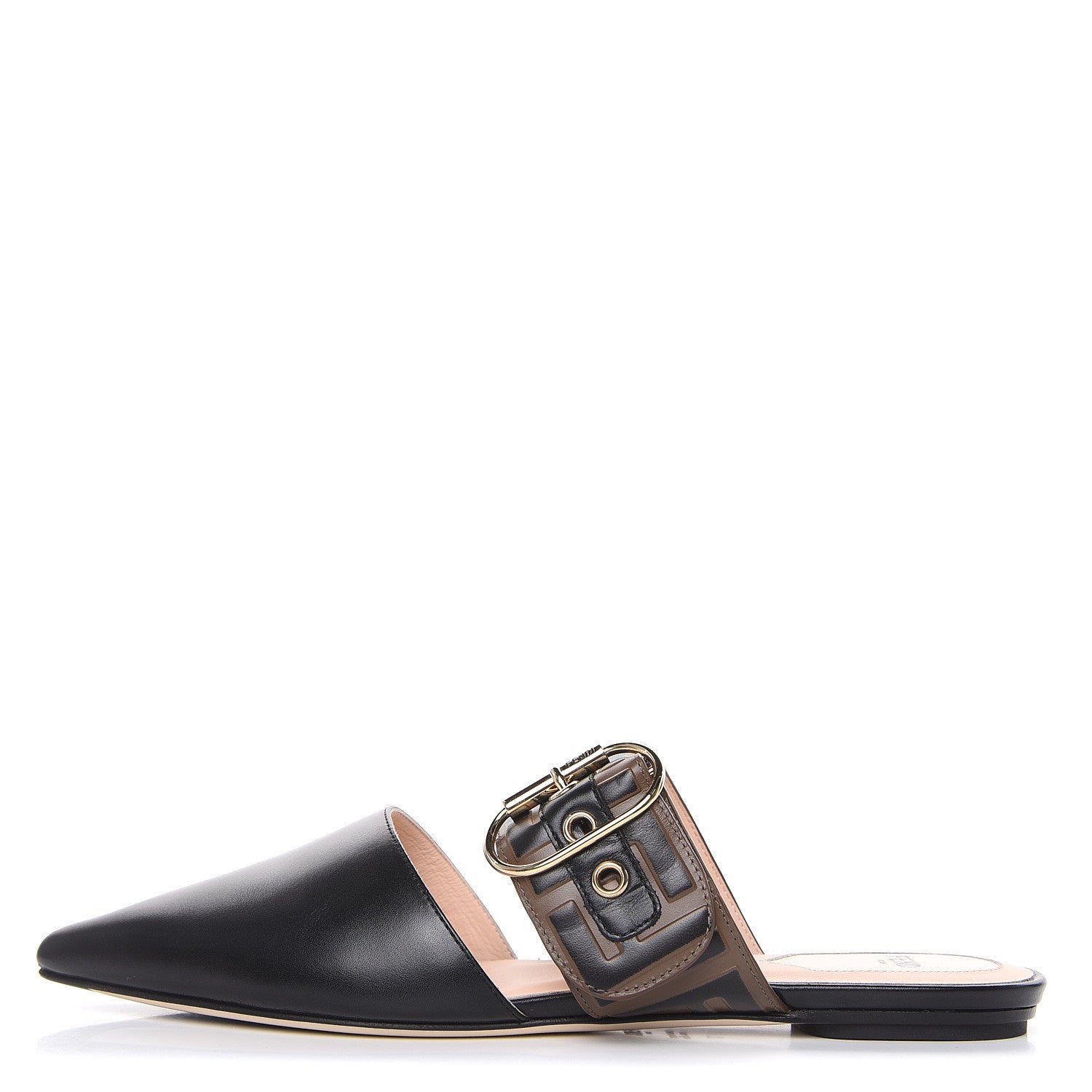 Fendi Vitello FF Embossed Buckle Flat Mules 37 Maya Black 1 of 8